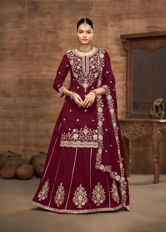 Vichitra Silk Embroidered Maroon Readymade Lehenga Style Suit