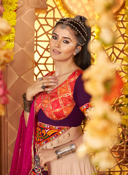 Beige Embroidered Viscose Rayon Readymade Navratri Lehenga Choli
