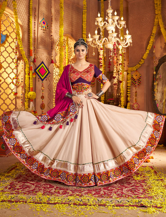 Beige Embroidered Viscose Rayon Readymade Navratri Lehenga Choli