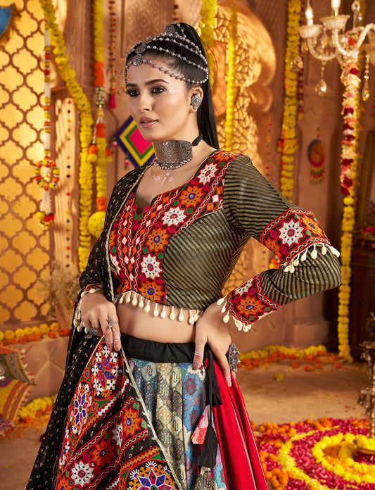 Multi Colour Embroidered Viscose Rayon Readymade Navratri Lehenga Choli
