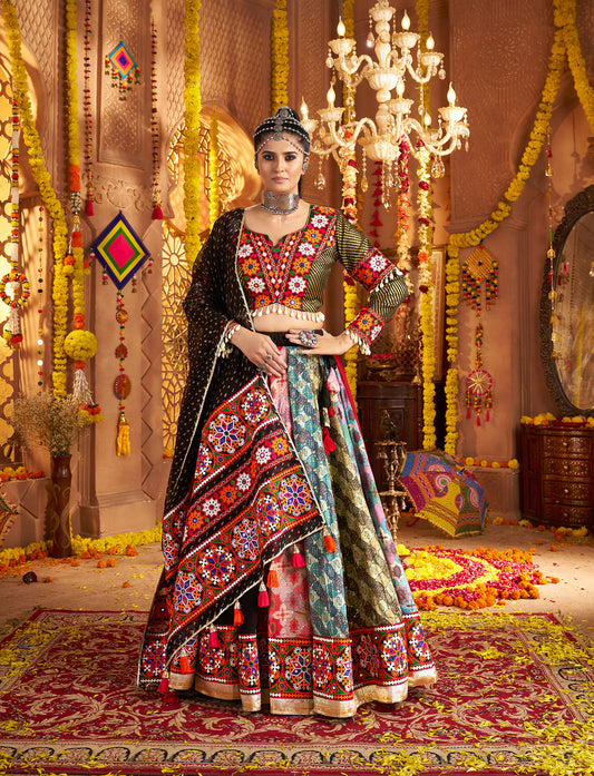 Multi Colour Embroidered Viscose Rayon Readymade Navratri Lehenga Choli