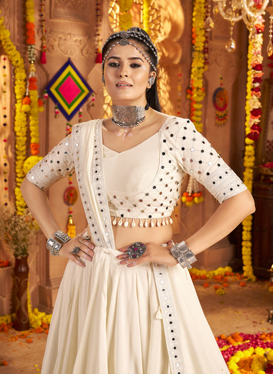 White Embroidered Viscose Rayon Readymade Navratri Lehenga Choli