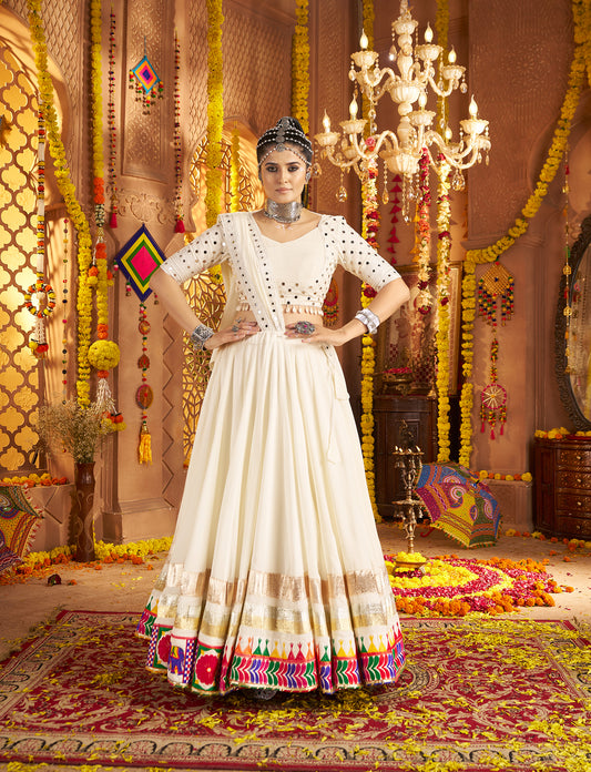 White Embroidered Viscose Rayon Readymade Navratri Lehenga Choli