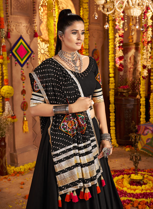 Black Embroidered Viscose Rayon Readymade Navratri Lehenga Choli