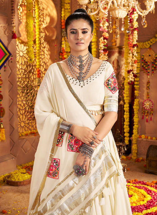 White Embroidered Viscose Rayon Readymade Navratri Lehenga Choli