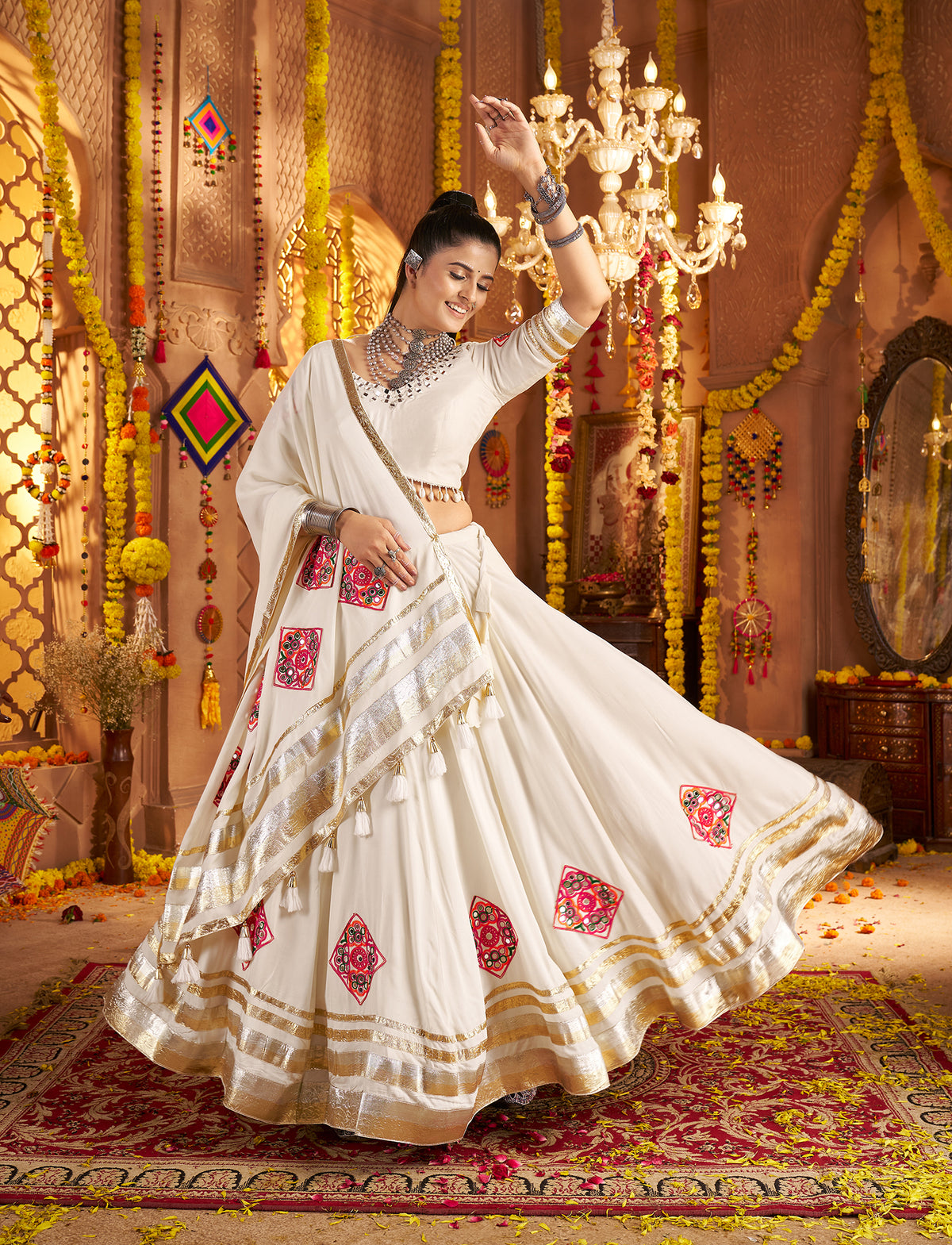 White Embroidered Viscose Rayon Readymade Navratri Lehenga Choli