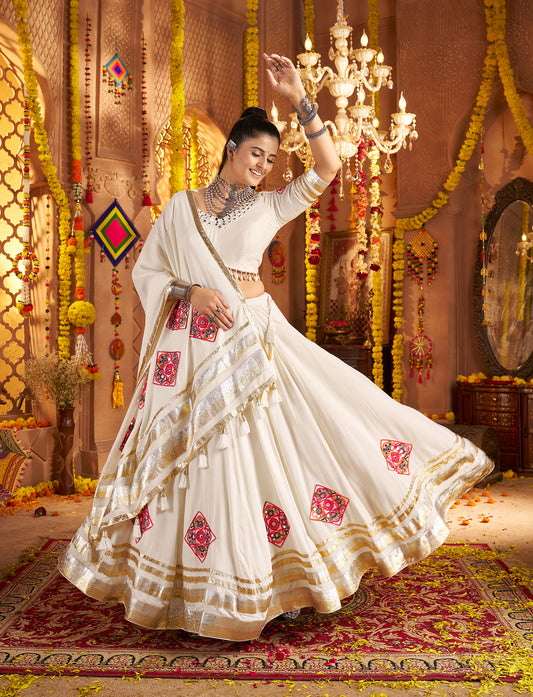 White Embroidered Viscose Rayon Readymade Navratri Lehenga Choli