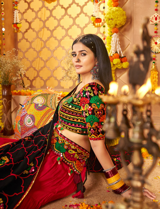 Embroidered Viscose Cotton Readymade Lehenga Choli in Black