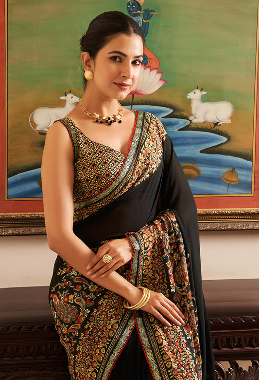 Black Paisley Print Georgette Designer Saree