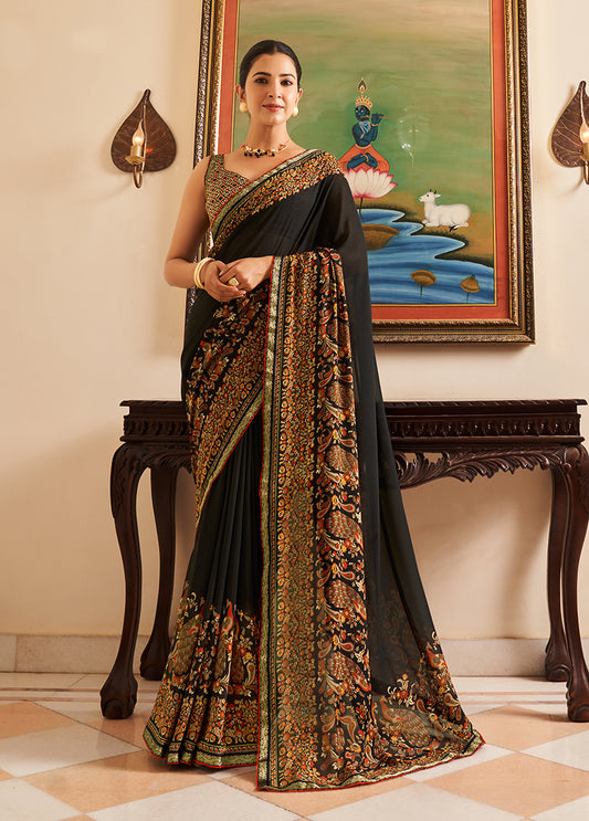 Black Paisley Print Georgette Designer Saree