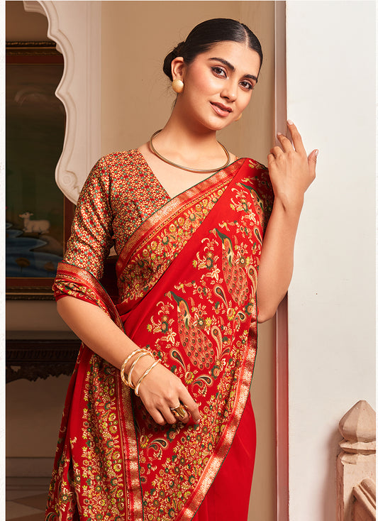 Red Paisley Print Georgette Designer Saree