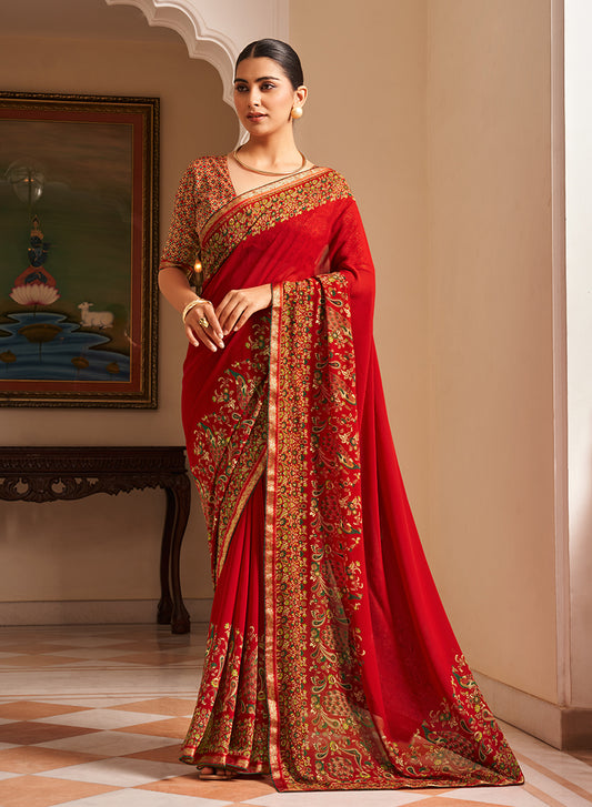 Red Paisley Print Georgette Designer Saree