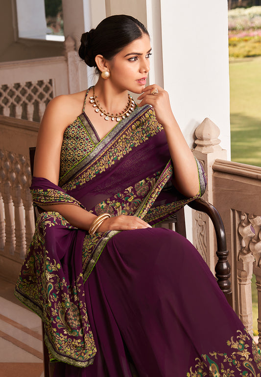 Purple Paisley Print Georgette Designer Saree