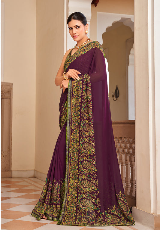 Purple Paisley Print Georgette Designer Saree