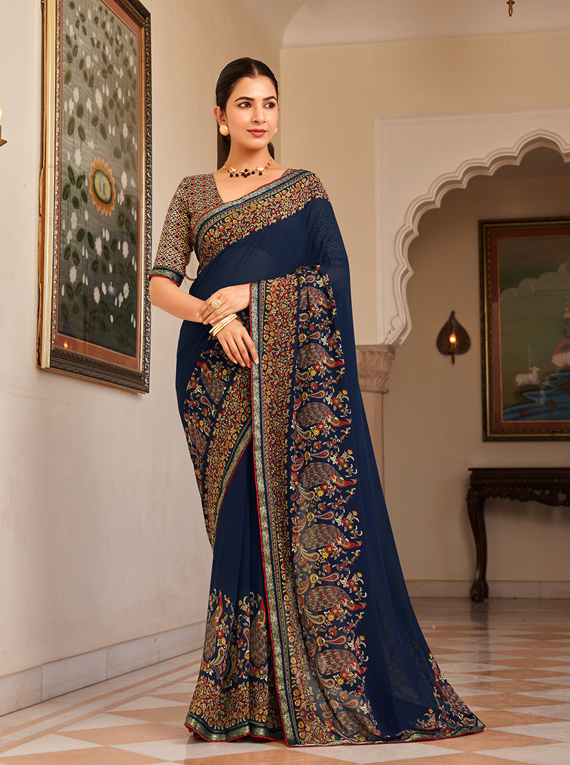 Navy Blue Paisley Print Georgette Designer Saree