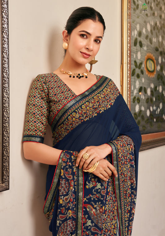 Navy Blue Paisley Print Georgette Designer Saree
