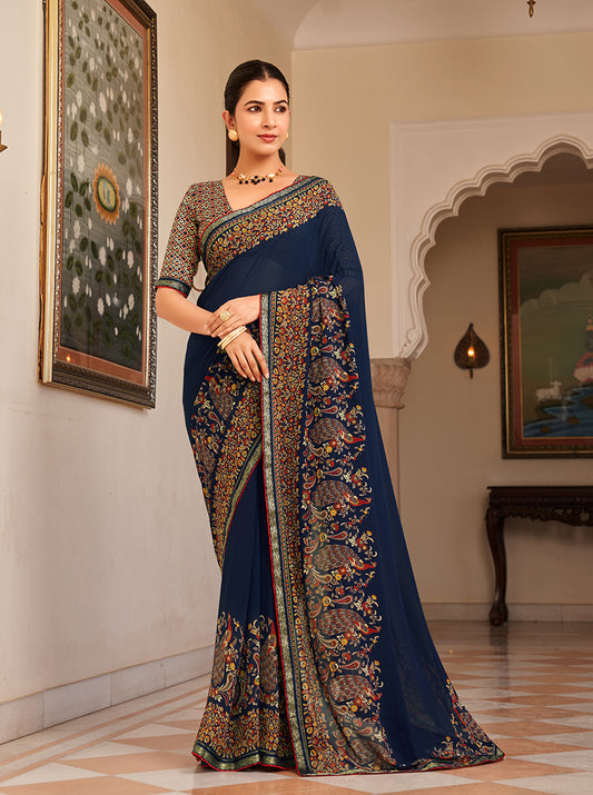 Navy Blue Paisley Print Georgette Designer Saree