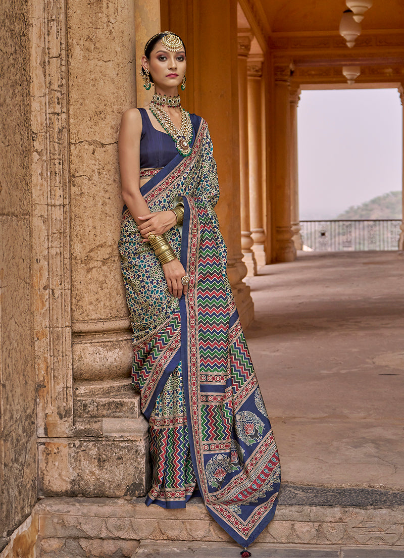 Silk Blend Navy Blue Block Print Classic Saree