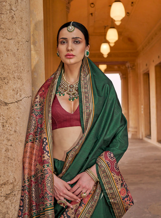 Paisley Print Silk Blend Green Contemporary Saree