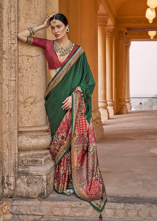 Paisley Print Silk Blend Green Contemporary Saree