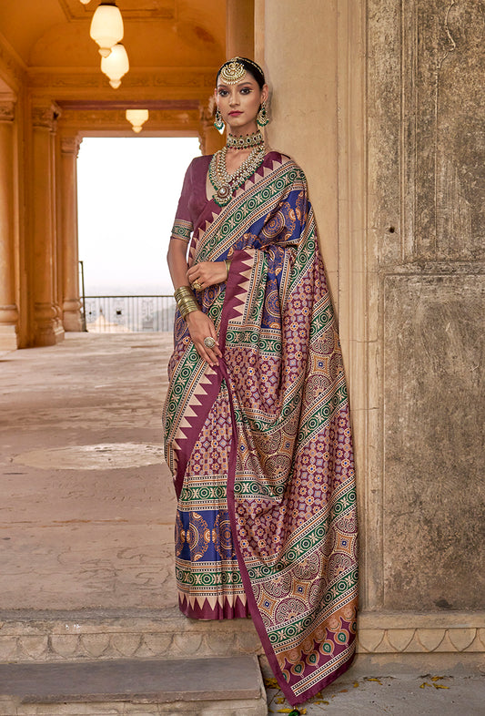 Multicolour Block Print Silk Blend Designer Saree