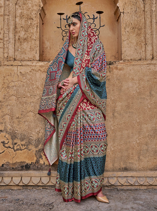 Silk Blend Multicolour Block Print Traditional Saree