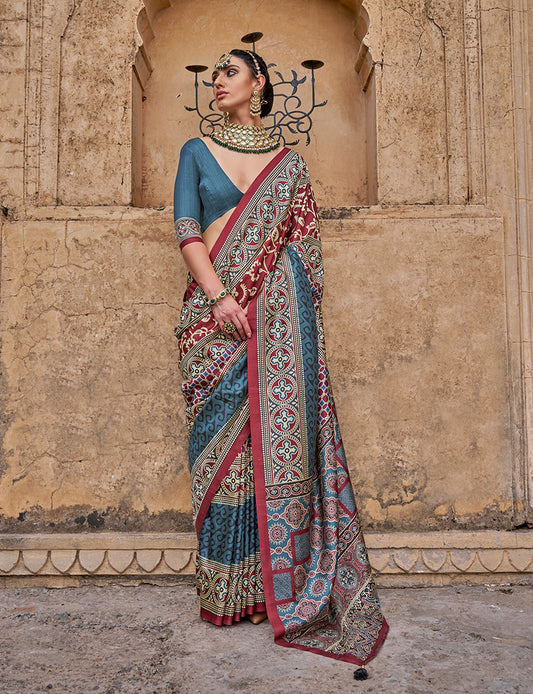 Silk Blend Multicolour Block Print Traditional Saree