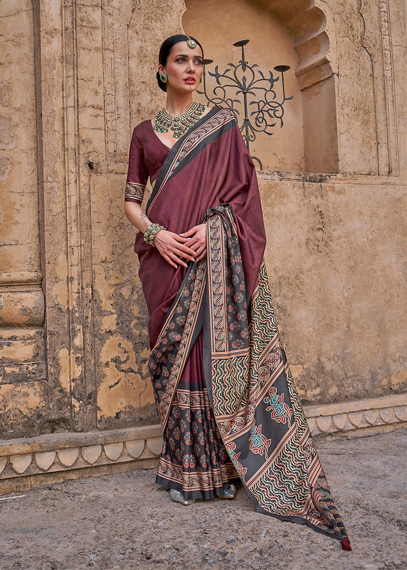 Paisley Print Wine Silk Blend Trendy Saree
