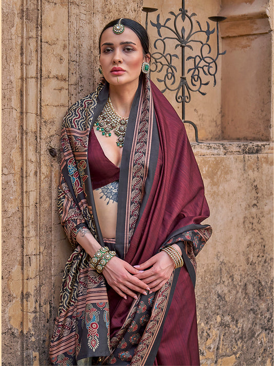Paisley Print Wine Silk Blend Trendy Saree