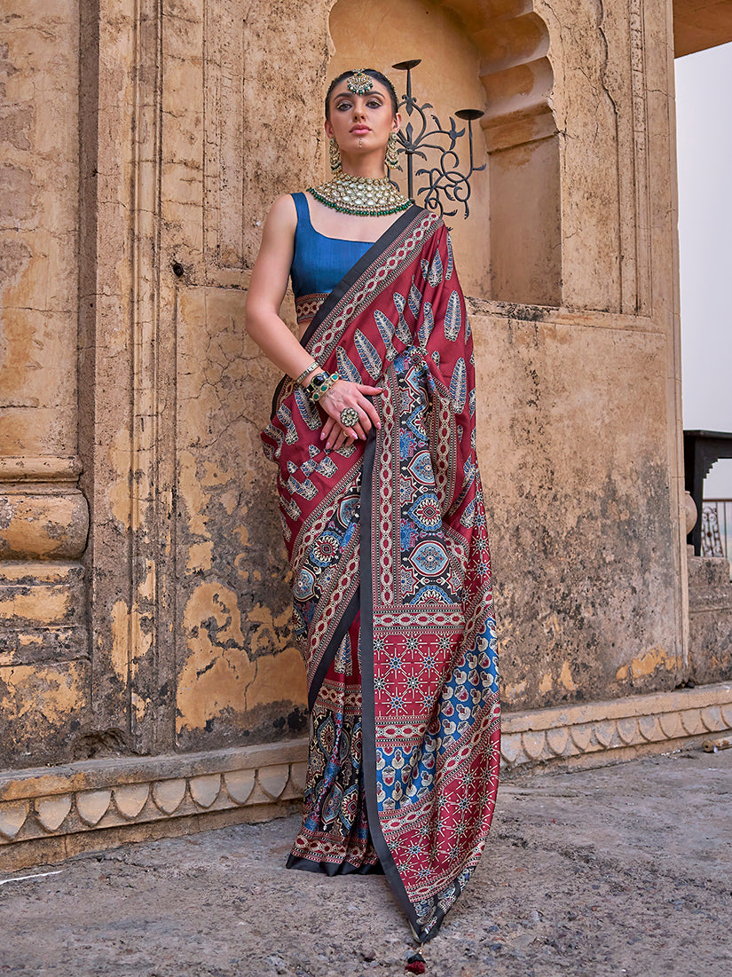 Paisley Print Maroon Silk Blend Trendy Saree