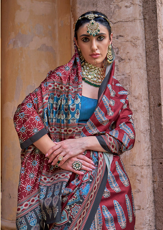 Paisley Print Maroon Silk Blend Trendy Saree