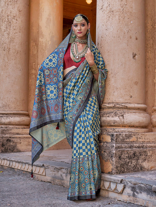 Paisley Print Blue Silk Blend Trendy Saree