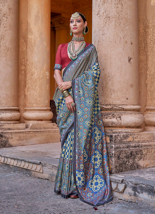 Paisley Print Blue Silk Blend Trendy Saree