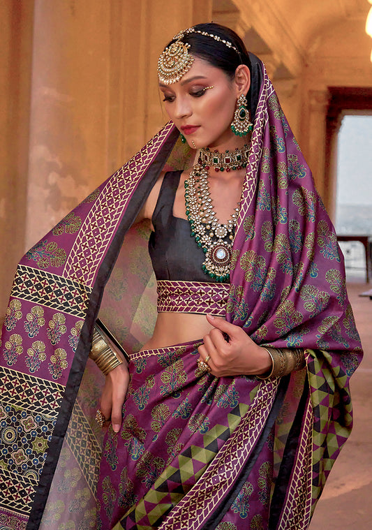 Silk Blend Block Print Traditional Saree in Purple