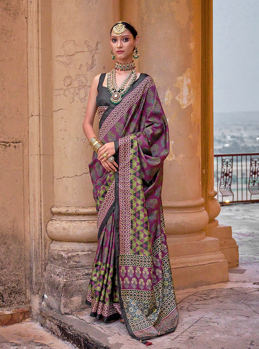 Silk Blend Block Print Traditional Saree in Purple