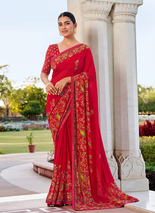Red Printed Georgette Contemporary Saree