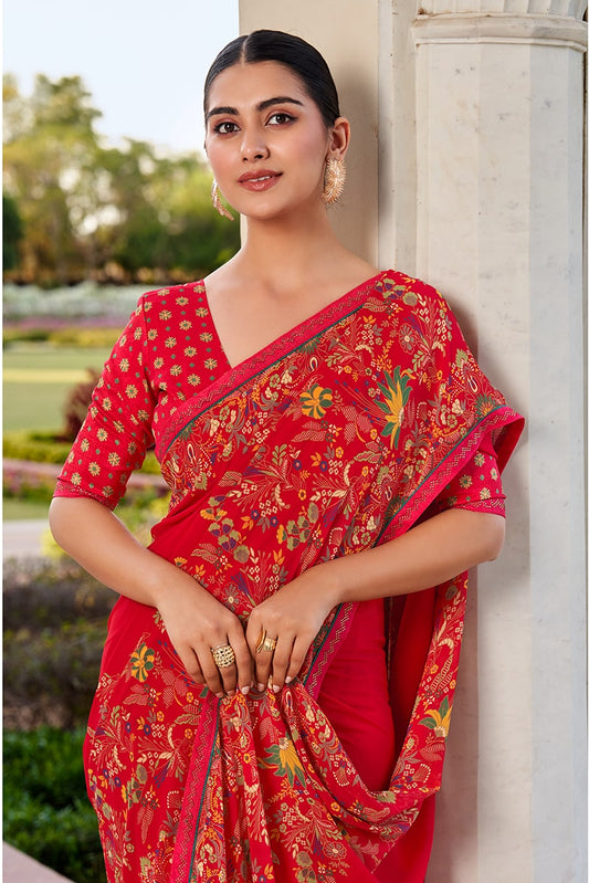 Red Printed Georgette Contemporary Saree