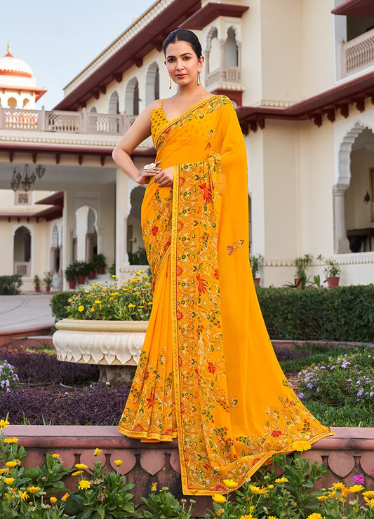Yellow Printed Georgette Contemporary Saree
