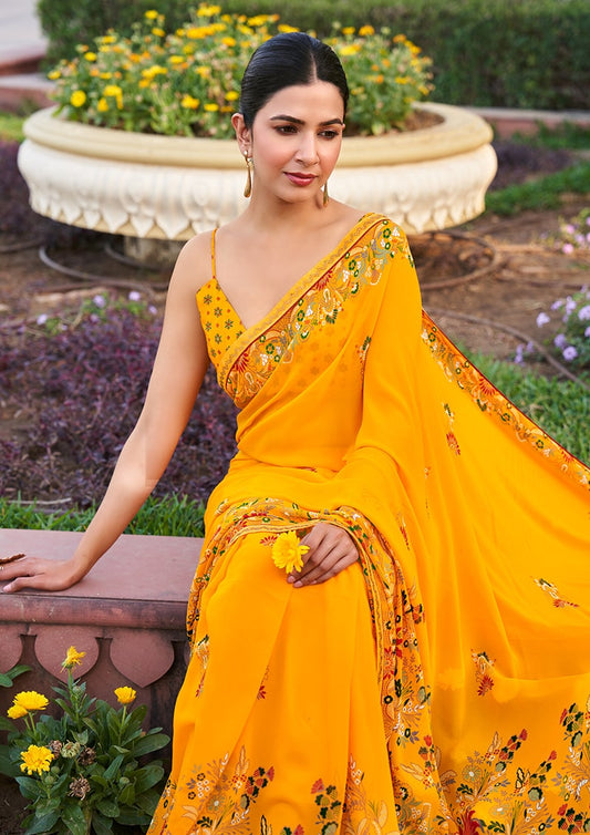 Yellow Printed Georgette Contemporary Saree