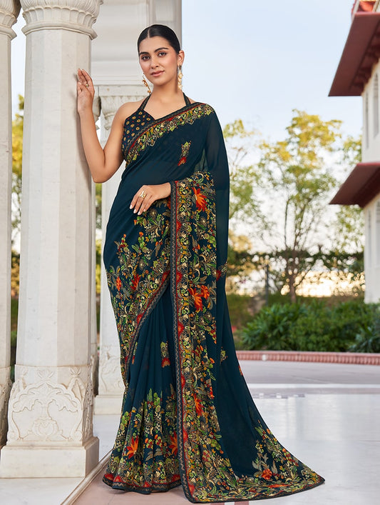 Navy Blue Printed Georgette Contemporary Saree