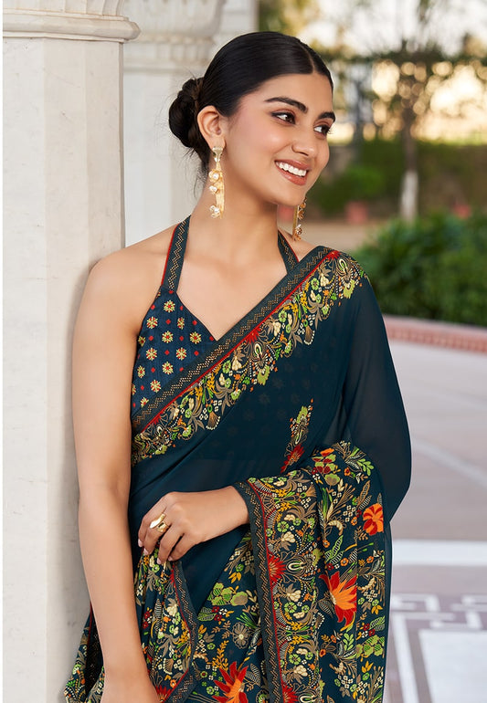 Navy Blue Printed Georgette Contemporary Saree