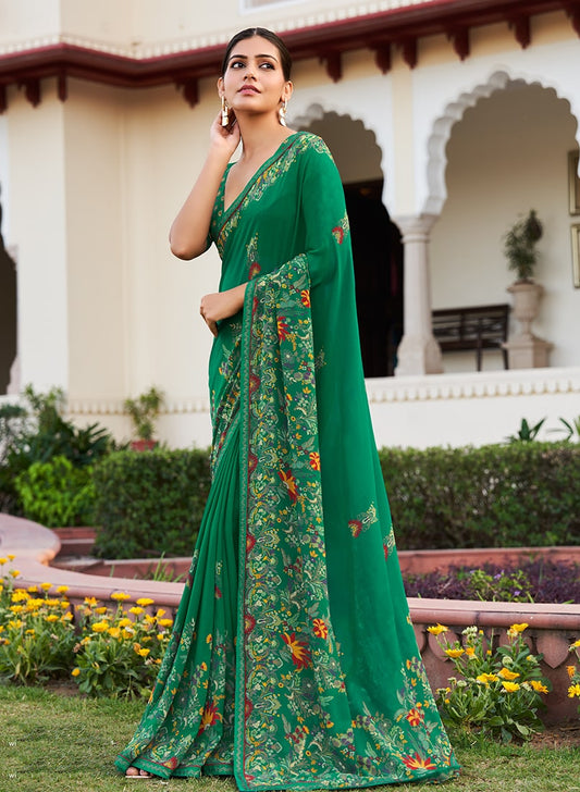Green Printed Georgette Contemporary Saree