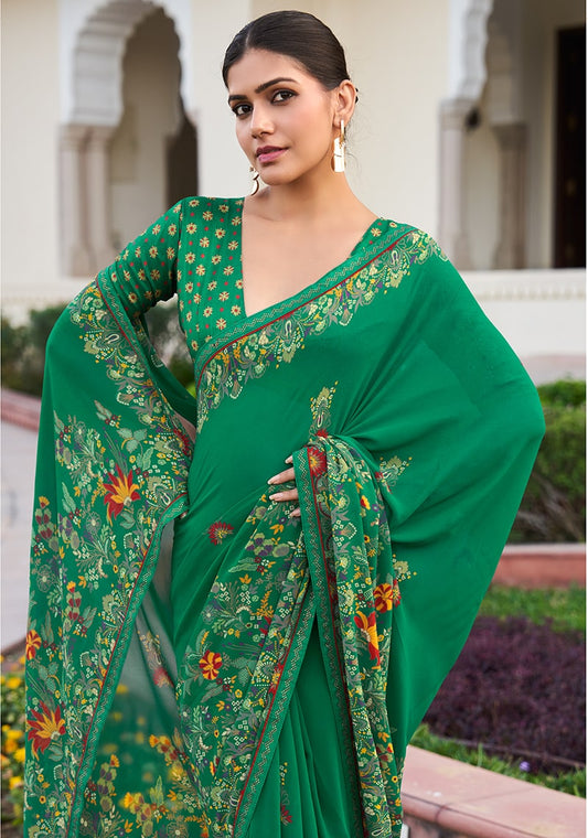 Green Printed Georgette Contemporary Saree