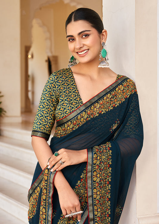 Navy Blue Georgette Printed Festival Desginer Trendy Saree