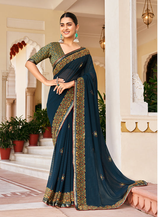 Navy Blue Georgette Printed Festival Desginer Trendy Saree