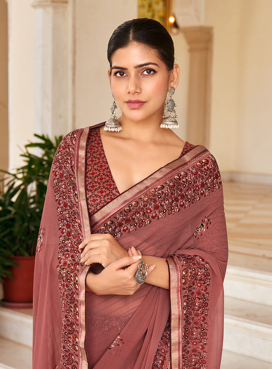 Rust Georgette Printed Festival Desginer Trendy Saree