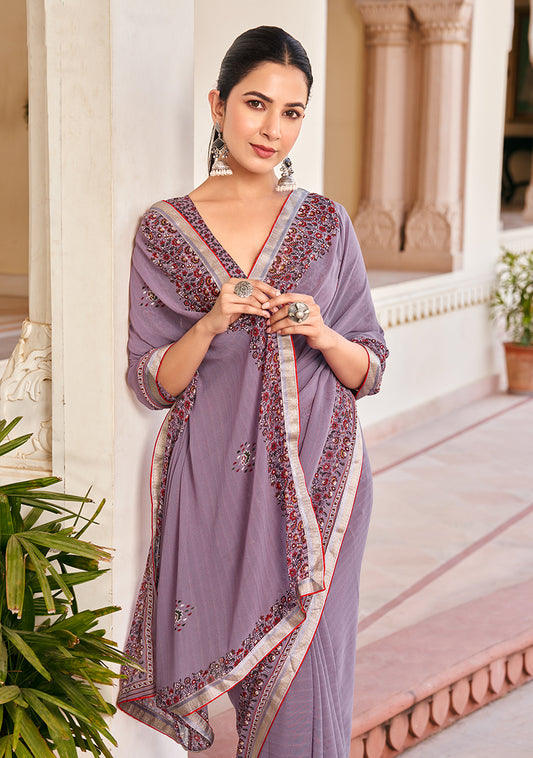 Lilac Georgette Printed Festival Desginer Trendy Saree