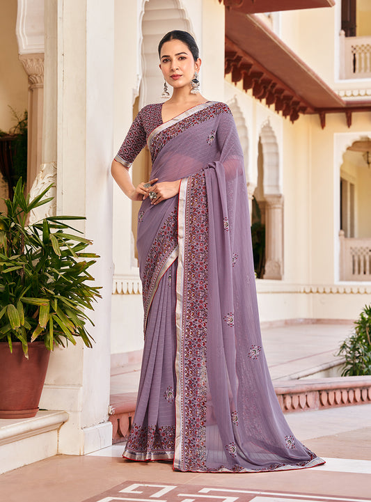 Lilac Georgette Printed Festival Desginer Trendy Saree