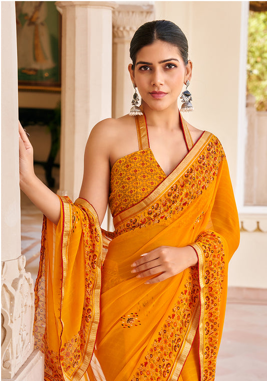 Orange Georgette Printed Festival Desginer Trendy Saree