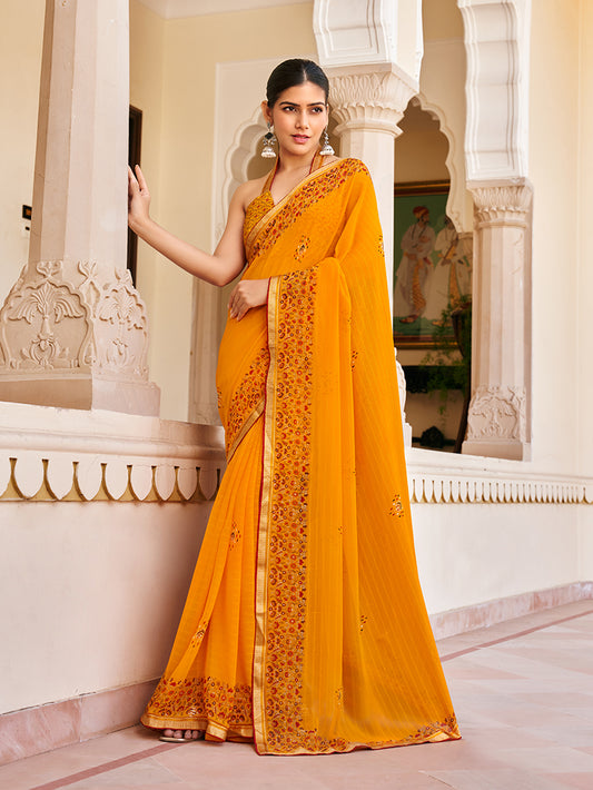 Orange Georgette Printed Festival Desginer Trendy Saree
